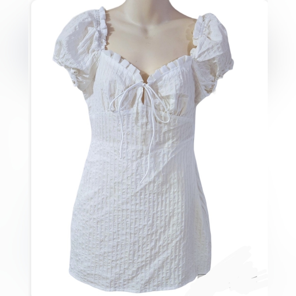ZARA Sweetheart Neck Puff Sleeve Ruch Frill Trim Tie Front Mini Dress